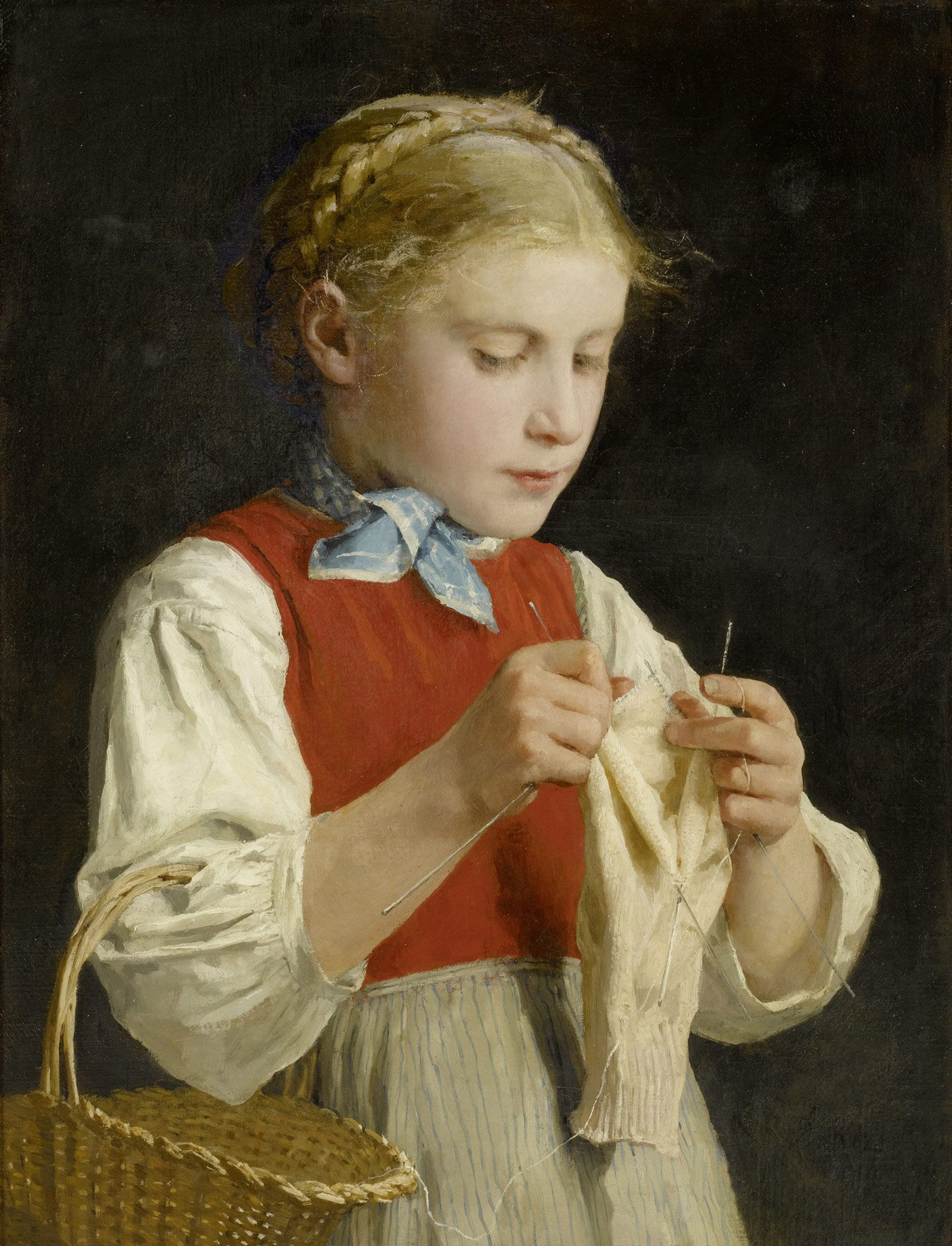 young girl knitting